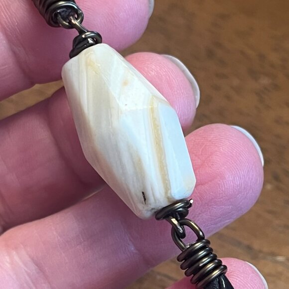 Braided Leather Necklace, Vintage White Agate, Men's Women's Layering Necklace - Picture 3 of 8